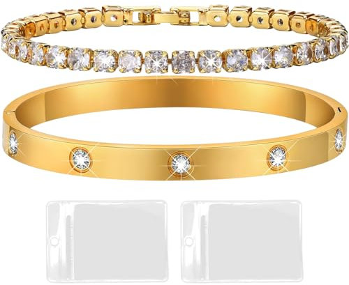 2 Pcs Armband Damen Goldtennisarmband Damen Zirkonia Armreif Armreif Gold 6mm Breit 17/19cm Armband Gold Damen Armband Damen Gold Tennisarmband Mit 2 Druckverschlussbeutel FüR Mama Freund Tochter