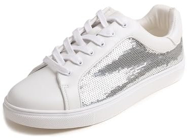 Feversole Women's Fashion Sparkle Sequin Lace Up,Damen Sneaker Atmungsaktiv Turnschuhe Leicht Laufschuhe Sportschuhe Freizeitschuhe Paillette Silber 36 EU