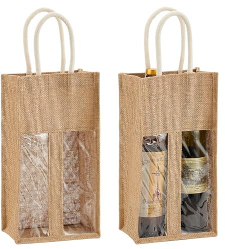 FINGERINSPIRE Paquete de 2 bolsas de arpillera para botellas de vino, doble bolsa de vino con ventana transparente de PVC, 2 ranuras, rectangulares, bolsas de almacenamiento de vino con asa, bolsa de