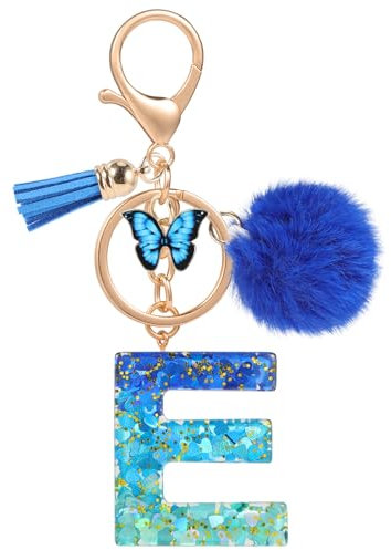 MWOOT Name Buchstabe E Schlüsselanhänger, Blau Schlüsselband für Damen, Harz Schlüsselringe für Tür Auto Schlüssel Handtaschen Deko