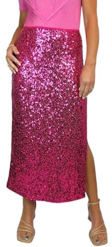 Gonna Lunga da Donna con Paillettes Elasticizzate E Spacco Laterale Aperto sulla Gamba, Completamente Foderata Rosa 40-54 (L)