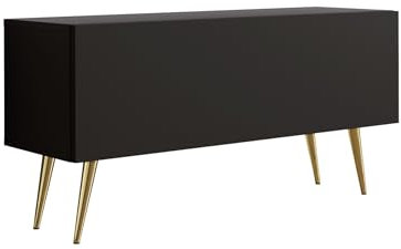 3E 3xE living.com Meuble TV : Une Porte, Une étagère, Couleur : Noir Mat, Pieds dorés D : L : 100 cm, H : 52 cm, P : 32 cm
