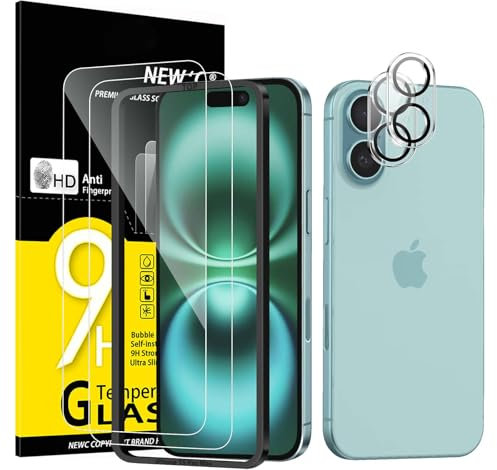 NEW'C 2 x Protector Pantalla para iPhone 16 (6,1 Pulgadas) y 2 x Protector Pantalla Protector de Lente de Cámara - Cristal Templado - Ultra Resistente - Herramienta de instalación fácil incluida