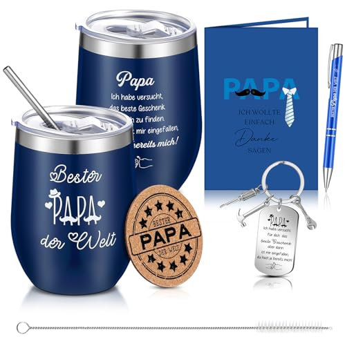 Sinmoe Set de 5 Cadeau d'Anniversaire pour Papa Bester Papa der Welt Tasse Isotherme Porte-Clés Père avec Inscription Carte de Vœux Stylo à Bille sous-Verres en Liège Cadeau pour Fête des Pères Noël