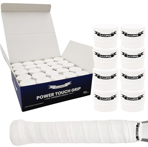 G-Lueck 50er Set Tennis Premium Overgrip Power Touch - Hoher Grip, Lange Haltbarkeit - 0,60mm Stärke | Griffband für Padel, Squash, Badminton Schläger | Anti-Rutsch (Weiß)