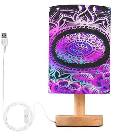 Mnsruu Bedside Lamp Indian Henna Floral Boho Table Lamp LED Nightstand Desk Lamp USB Charging Ports Linen Fabric Shade for Bedroom Living Room Office