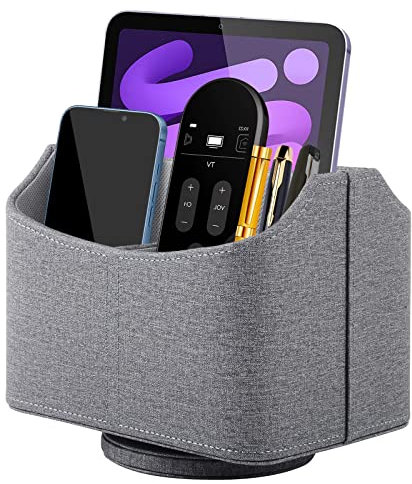 XNONE Pu Leather Remote Control Holder with 5 Compartments,360 Degrees Rotatable Desktop Supply Organizer for Pen,TV Control,Phone,Mini IPad Notebook,Eyeglasses,Makeup Brush Storage Box (Grey)
