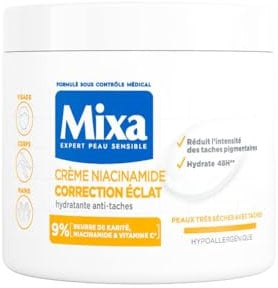 Mixa - Crème Niacinamide Correction Éclat - Crème Hydratante Anti-Taches au Beurre de Karité, à la Niacinamide et à la Vitamine C - Adaptée au Visage, Corps et Mains - Hypoallergénique - 400ml