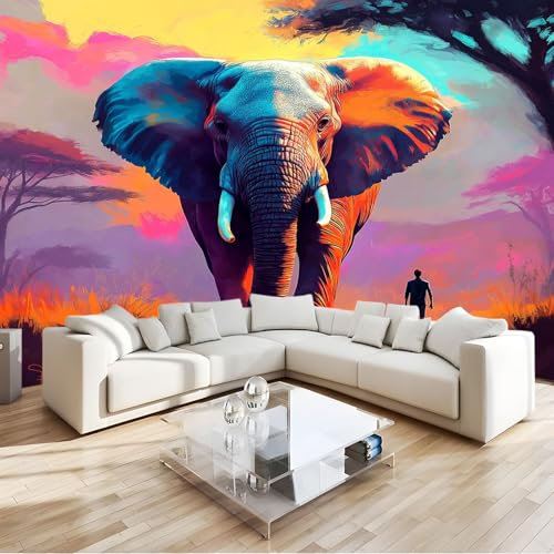 Vliestapete Fototapete Wandtapete 3D Optik Fantasie Elefanten Dschungel Bunt Panorama Wandbild Für Wohnzimmer Schlafzimmer 250 x 175 cm