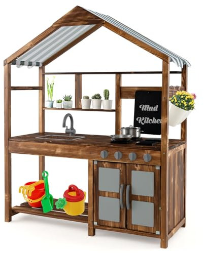 DREAMADE Matschküche Kinder Outdoor, Outdoor Kinder Küche mit Spülbecken Tafel Herd, Spielküche für draußen Kinderküche aus massivem Holz für Kinder ab 3 Jahren