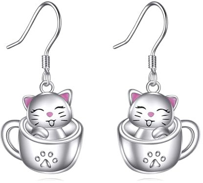 ONEFINITY Cat Earrings for Women 925 Sterling Silver Teacup Dangle Earrings Cat Jewellery Gift for Cats lover