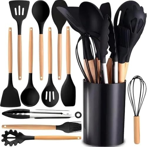12-teiliges Küchenhelfer-Set – Schwarze Silikon-Kochutensilien – Leicht zu Reinigen, Langlebig