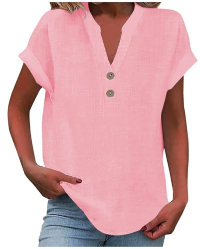 AMDOLE Top da donna 2025 estivo in cotone e lino con maniche ad aletta con bottoni e scollo a V, tunica, alla moda, ampio, tinta unita, casual, camicetta alla moda, rosa, M