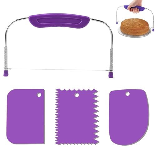 GegXcn 4-Piece Cake Cutter, Cake Leveller, with Stainless Steel Wire & Purple Handles, Professional Baking Tools for Tiered Cakes, Bread, Pastries, Includes 3 Scrapers, Durable Kitchen Accessories