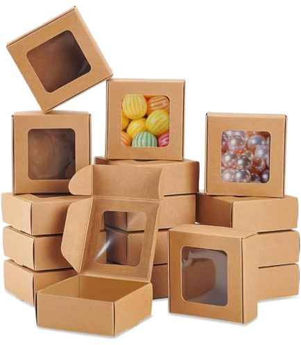 32 Stück 75 x 75 x 30 mm Verpackung Geschenkbox mit Fenster | Quadratische Kraftpapier Boxen,Faltbare Geschenkbox ,Wiederverwendbar Schachtel Verpackung für Schmuck,Hochzeit,Süßigkeiten