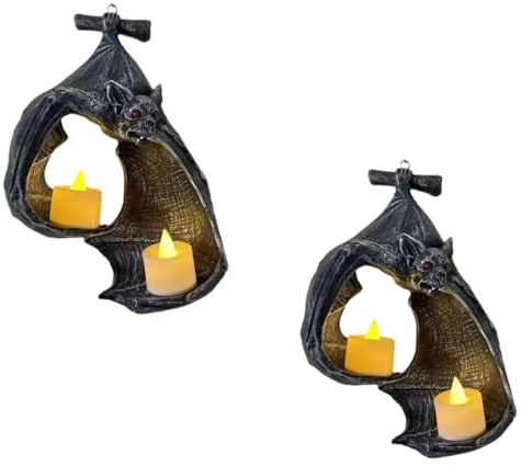2er-Set Fledermaus-Wandkerzenhalter Halloween-Deko Rustikaler Harz Fledermaus Wandbehang Teelichthalter Wandleuchter Wasserdicht für Wand Kerzenständer Skulptur für Zuhause Büro Garten