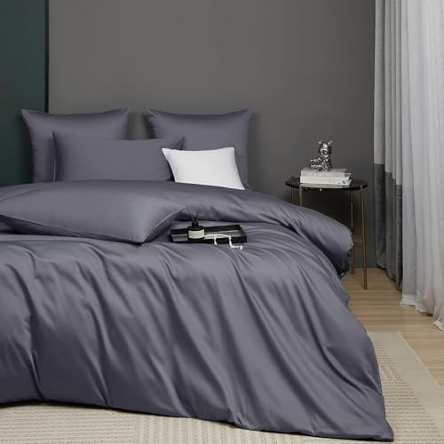 Luofanfei Kühlend Mako Satin Bettwäsche 155x220 Baumwolle Sommer Grau | Glatt Luxus Muster Atmungsaktiv Sommer Bettwäscheset Weich und Bügelfrei Uni Bettbezug und 2 Kissenbezüge 80x80 cm