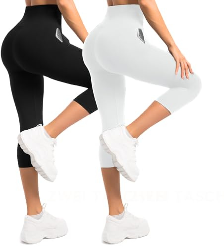 Sanpetix Damen 3/4 Leggings mit Taschen, 2er Pack Capri Leggings mit hoher Taille für Damen, butterweiche, elastische Hosen für Workout, Fitnessstudio und Yoga
