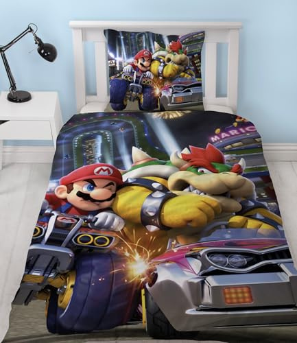 Mario Kart, Bettwäsche für Kinder, Einzelbett, wendbarer Bettbezug 140 x 200 cm mit Kissenbezug 63 x 63 cm, Motiv: Gaming, Textil, zertifiziert nach Öko-Tex