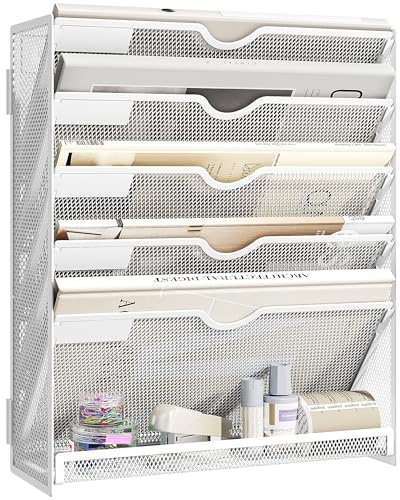 VITVITI File Organiser, 6-Tier A4 Wall Mounted Magazine File Holder for Mails Folders Papers, Vertical Document Organiser for Office Home - White