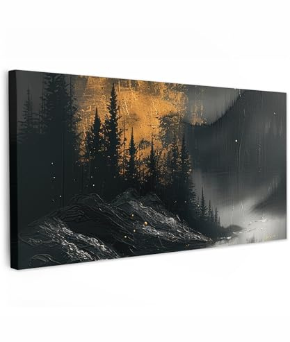 MuchoWow© Wandbilder Schlafzimmer Home Deko XXL Wandbild Wohnung Bild | 100x50 cm - Wohnzimmer Fotoleinwand Panorama Leinwand Wall Decor Groß Modern - Wald - Gold - Schwarz - Natur