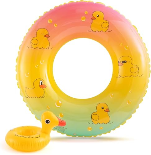 Flotteur de piscine gonflable en forme de canard avec porte-boisson – Bouée de natation amusante pour enfants et adultes – Radeau d'été pour piscine et plage – Jaune