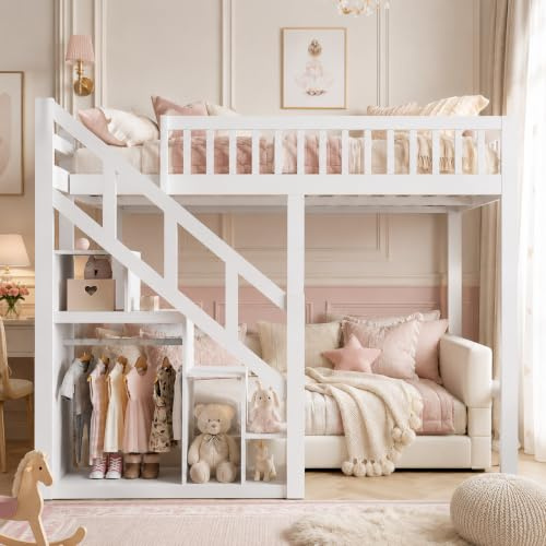 Etagenbett 140x200 cm, Kinderbett Hochbett mit Stauraum und Treppe, Funktionsbett Jugendhochbett Stockbett Kinderhochbett mit Lattenrost, Doppelbettgestell für 2 Kinder, Ohne Matratze