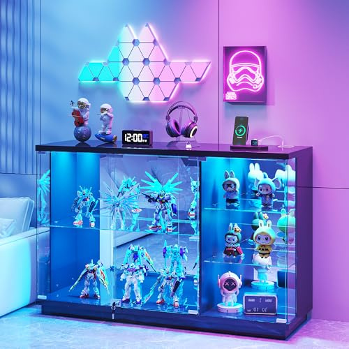 Vitrine mit LED Beleuchtung, Intelligente Sensorik für Wohnzimmer,Schwarz | Vitrinenschrank mit Abschließbar Glastüren,Glasvitrine mit 3 Lagen Sammlervitrine für Schlafzimmer Büro,Studie