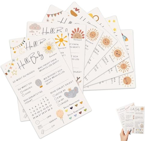 Babyparty Spiele Karten, Babyshower Spiele Karten zum Ausfüllen – Deko Baby Shower Party Spiel Jungen und Mädchen – 8 Tippkarten für die Gender Reveal Feier und Babyparty – Beidseitig Bedruckt