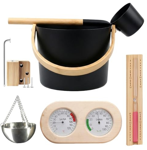 7L Aluminum Sauna Bucket Set, Complete Steam Room Spa Accessory Kit | Includes ladle, diffuser bowl, sand clock and thermometer‑hygrometer. Ideal for home spa and hydrotherapy wellness use.