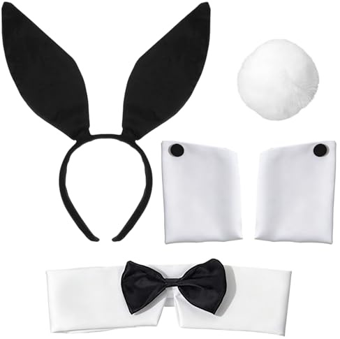 KBSICWO Bunny Kostüm, Hasenohren Haarreif Fliege Manschetten und Hasenschwanz, Frauen Hasen Zubehör Set für Halloween Karneval Ostern Cosplay Party