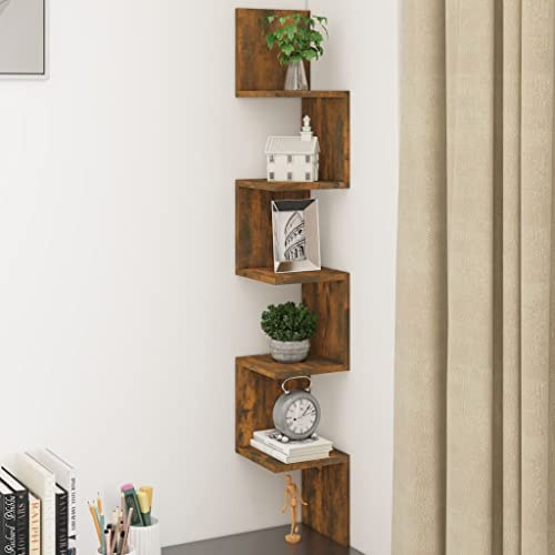 Teenpull Wand-Eckregal Räuchereiche 20x20x127,5 cm, Holzwerkstoff, 5 Ablagen, stabile Wandmontage, für Wohnzimmer, Schlafzimmer, Büro, vielseitige Aufbewahrungslösung