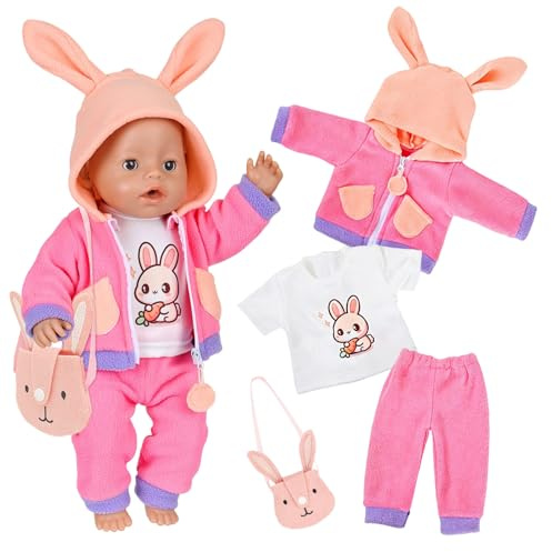 5 Stück Puppen Kleidung 36-43 cm Newborn Baby Puppen, Plüsch-Kaninchen PuppenKleidung mit Oberteil Kaninchenohren Kapuzenjacke Hose Tasche, Puppenzubehör für 14-17 Zoll Puppen Mädchen Geschenke