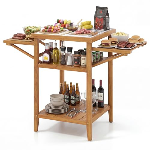 COSTWAY Table de Barbecue Extérieur en Bois d'Acacia, Desserte Plancha avec Plateau en Faux Marbre Panneaux Latéraux Rabattables 2 Étagères Ouvertes, pour Jardin Terrasse, 124,5 x 60 x 89,5 cm