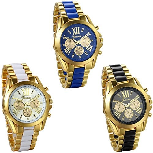 JewelryWe 3pcs Herren Armbanduhr, Analog Quarz, Business Casual Edelstahl Armband Uhr mit Römischen Ziffern Zifferblatt, Gold Schwarz Blau Weiss
