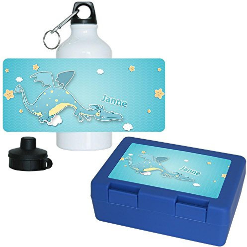 Brotdose + Trinkflasche Set mit Namen Janne und schönem Motiv mit Drachen für Jungen | Aluminium-Trinkflasche | Lunchbox | Vesper-Box
