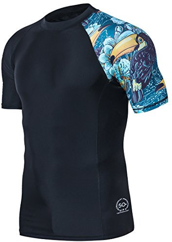 HUGE SPORTS Men's Splice Sun Protection Rash Guard Short Sleeves(HeyToucan,XL)