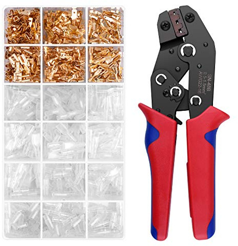 Pinza Crimpatrice a Cricchetto con Set da 600 Pezzi per Connettori Faston - 3 Dimensioni (2.8, 4.8, 6.3 mm) per Cavi 0.5-1.5 mm² - Include Maschi, Femmine e Guaine Isolanti - Cricchetto Autoregolante
