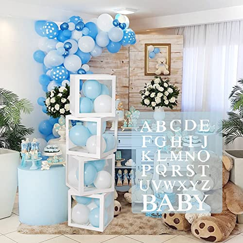 Babyparty Dekoration Ballonboxen - 4Pcs Weiße Transparente Luftballon Boxen mit 30 Buchstaben BABY + A-Z für Jungen Mädchen Baby Shower, Geburtstag Party Hintergrund, DIY Namenskombination