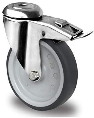 Apparaterolle aus Edelstahl 100 mm mit Bremse Gummi grau spurlos Rückenloch V2A INOX Transportrolle Edelstahlrolle Feststeller Totalfeststeller
