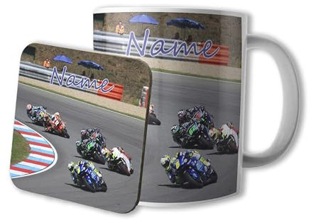 AK Giftshop Tasse & Untersetzer-Set – Motorrad Moto GP – Geschenk – Geburtstag & Weihnachten – Strumpffüller – Wichteln (325 ml, Keramik, Tasse, Trinkbecher, Trinkgefäß, 4E+2 Gramm, Rot/Grün)