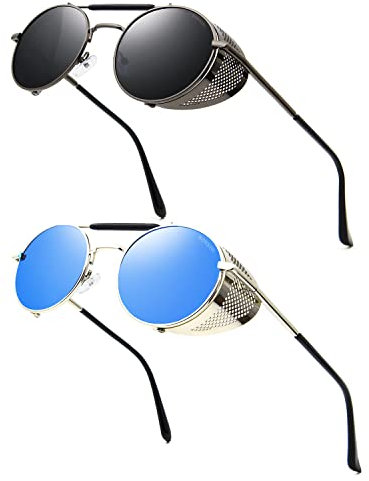 RONSOU Steampunk Stil Rund Vintage Sonnenbrillen Retro Brillen UV400 Schutz Metall Rahmen Schwarz Rahmen Grau Linse Silber Rahmen Blau Linse