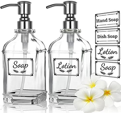 ACCL Lot de 2 flacons à Pompe en Verre Polyvalents de 355 ML en Acier Inoxydable Anti-Goutte pour Salle de Bain, comptoir, Cuisine avec 8 étiquettes étanches