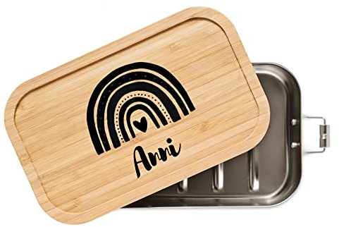 wunderwunsch Brotdose personalisiert mit Namen, Edelstahl Lunchbox | Kindergarten Brotzeitbox für Kinder mit Fächern, Metallbrotdose BPA frei, gravierte Kinder Holz Lunch-Box, Mädchen oder Junge