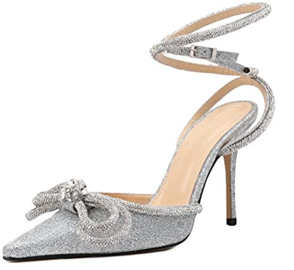Minetom Stiletto High Heels Damen Pumps Spitz Strass Bowknot Party Sandalen Schnalle Schuhe Geschlossen Abendschuhe Sommerschuhe A1 Silber 39 EU