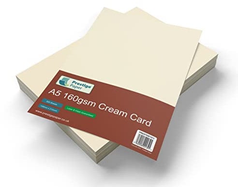 A5 Cream/Ivory Card, 160gsm, Craft Card, Laser & Inkjet Printer, Copier Guaranteed, Arts & Crafts, School, Office, Card Making, Printing, 500 Sheets, Prestige Paper
