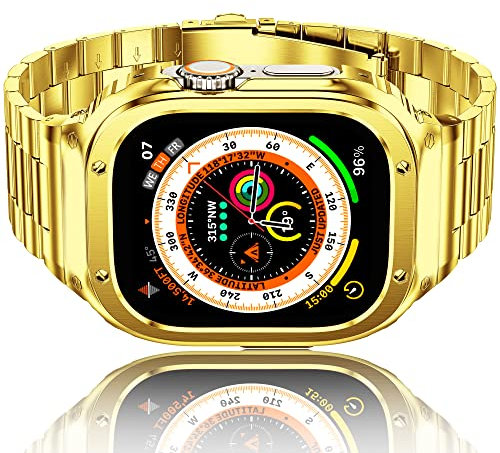 Amznew Correa de acero inoxidable para Apple Watch con funda compatible con Apple Watch Ultra de 49 mm, correas de metal iWatch y funda protectora para hombre,Oro