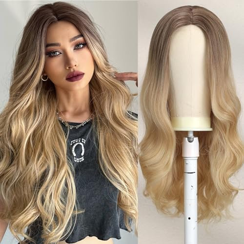 UEVIES Lange Lockige Ombre Blonde Perücke Party Perücke für Frauen Hitzebeständige Faser für den Täglichen Gebrauch Party-24 Zoll