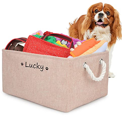 Cuperay Personalisierte Hundespielzeug Aufbewahrung mit Namen, Faltbare Spielzeugkorb mit Baumwollgriff, Spielzeugkiste für Die Organisation Von Haustier Spielzeug und Haustierzubehör(Rosa)