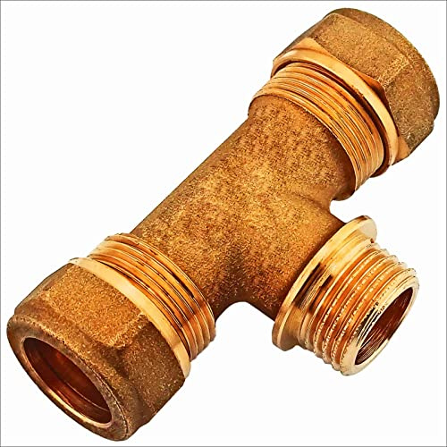 MegaHaustechnik Schraubfitting Kupferrohr, T-Stück, 22mm x 3/4 Zoll AG | Messing Klemmringverschraubung, Trinkwasser geeignet, für Rohr-Außendurchmesser 22mm, Mittenabgang 3/4 Zoll Außengewinde